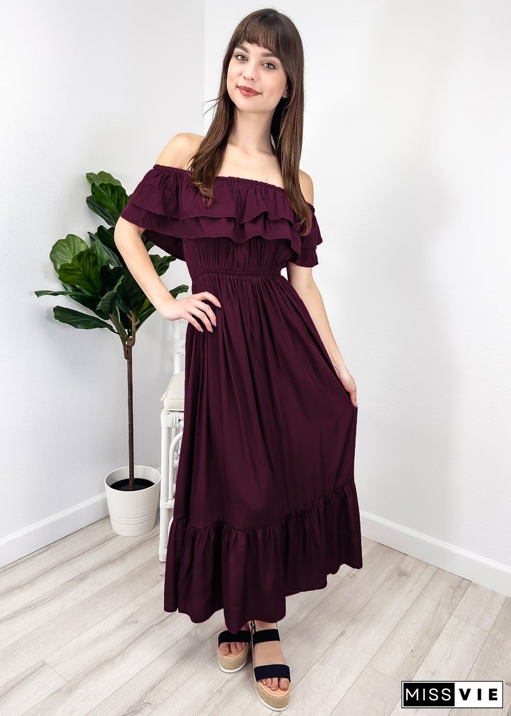 Grecian Ruffle Stretch Maxi Long Dress