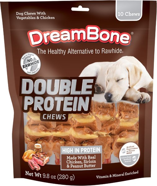 DreamBone Double Protein Chicken， Sirloin and Peanut Butter Dog Rawhide Treat， 9.8-oz bag， 10 count