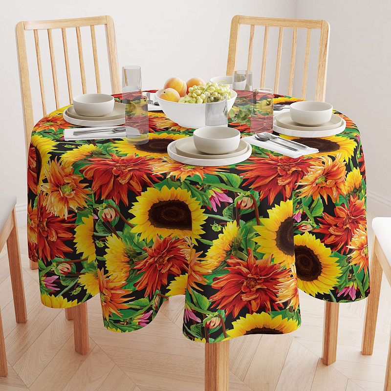 Round Tablecloth， 100% Polyester， 60 Round， Sunflower Garden