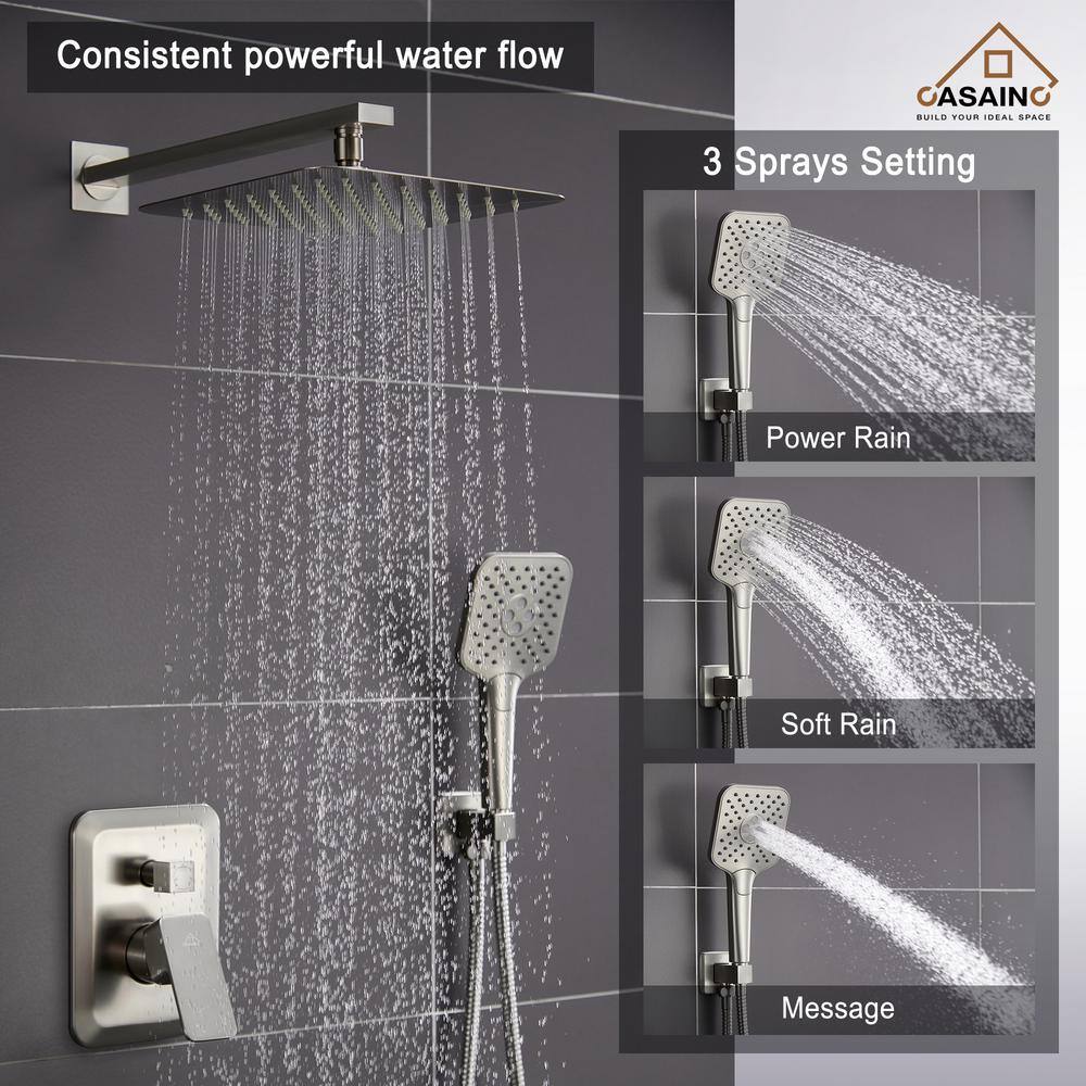 CASAINC 3-Spray Patterns with 9.8 in. Tub Wall Mount Dual Shower Heads in Spot Resist Brushed Nickel HM-B206-SQ-BN