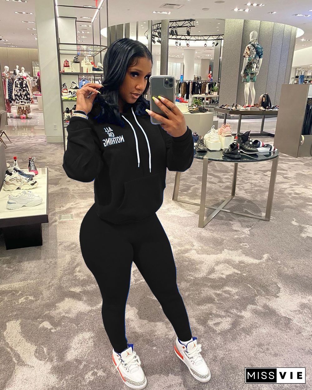 Winter Letter Embroidery Hoodie Pants Tracksuit Jogging Sets