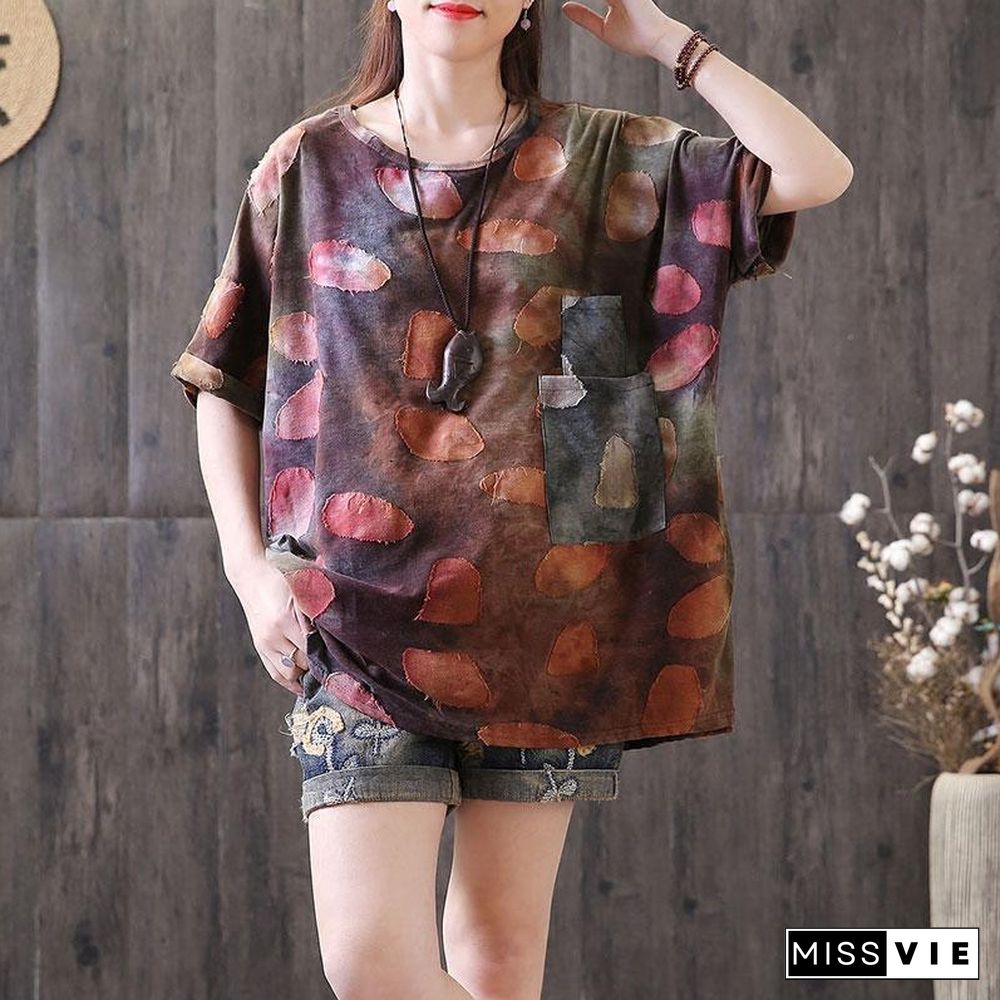 vintage linen tops plus size Applique Distressed Summer Women Round Neck T Shirt