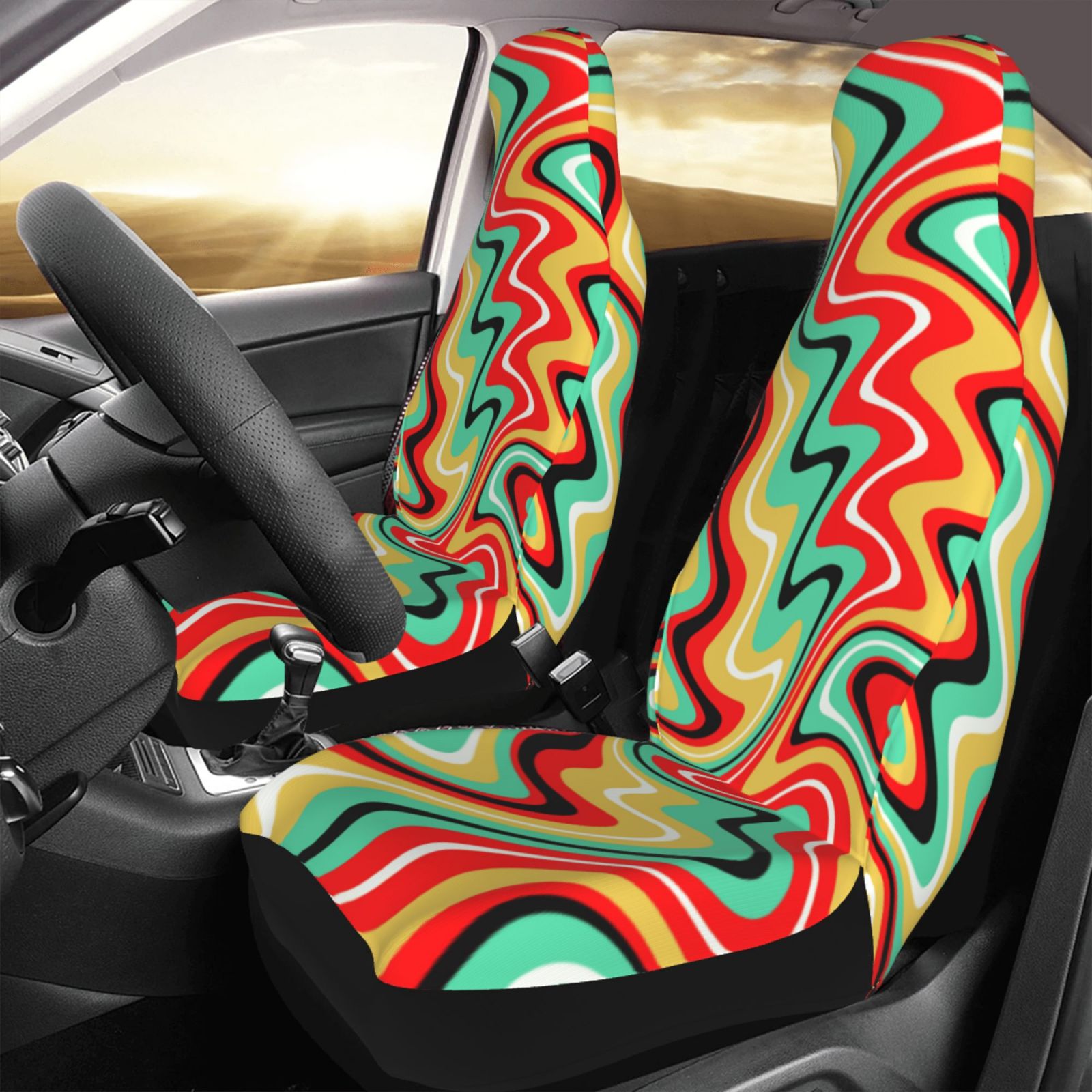 TEQUAN Front Seat Covers， Psychedelic Waves Curved Lines Pattern 2 Piece Car Seat Cover Fit Most Car SUV Truck Van