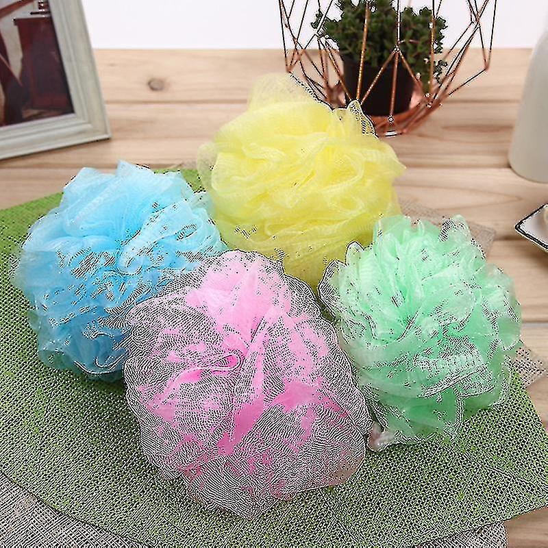 4 Bath Sponges， Pure Color Bath Flower， Pink Blue Green Yellow