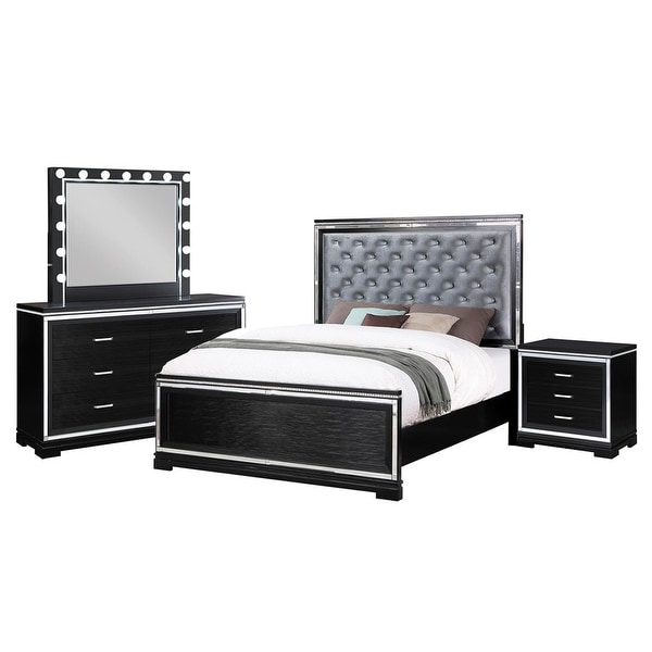 Eastern King Bedroom Set with Mirror Trim Accents in Silver and Black - - 36135700