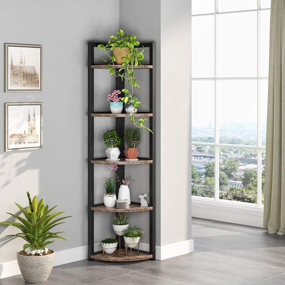 Rustic 5 Tier Corner Shelf Stand Corner Bookshelf Bookcase Plant Shelf