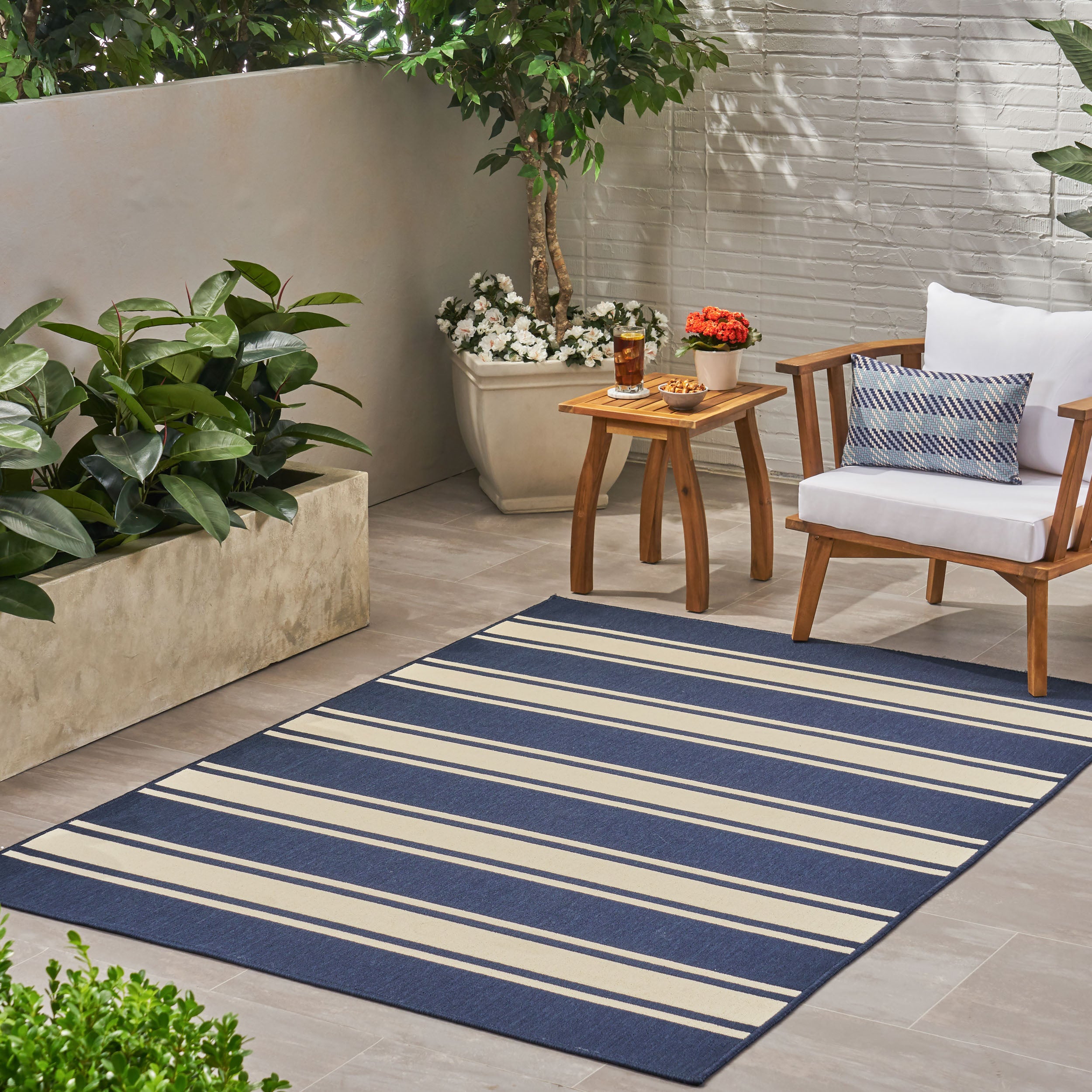 Julia Outdoor Stripe Area Rug, Navy and Ivory