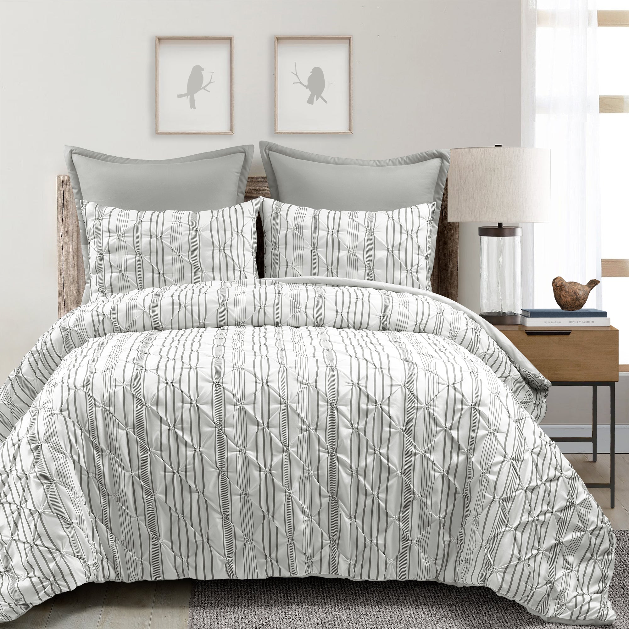 Bedding Bundle: Ravello Pintuck Stripe Comforter + Solid Kantha Pick Stitch Quilt/Coverlet