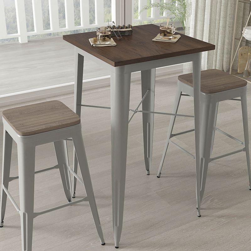 Merrick Lane 3 Piece Bar Table and Stools Set with 23.5 Square Silver Metal Table with Wood Top and 2 Matching Bar Stools