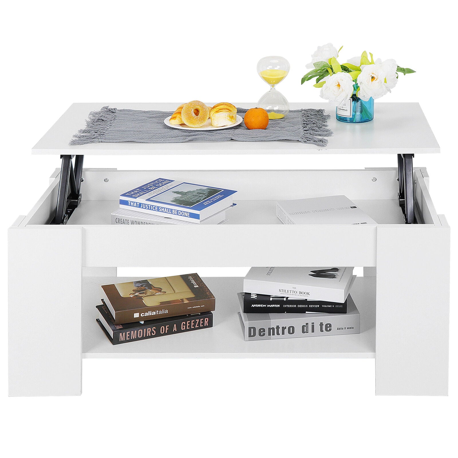 ZENSTYLE Rectangular Lift Top Coffee Table MDF Pop-up Storage, White