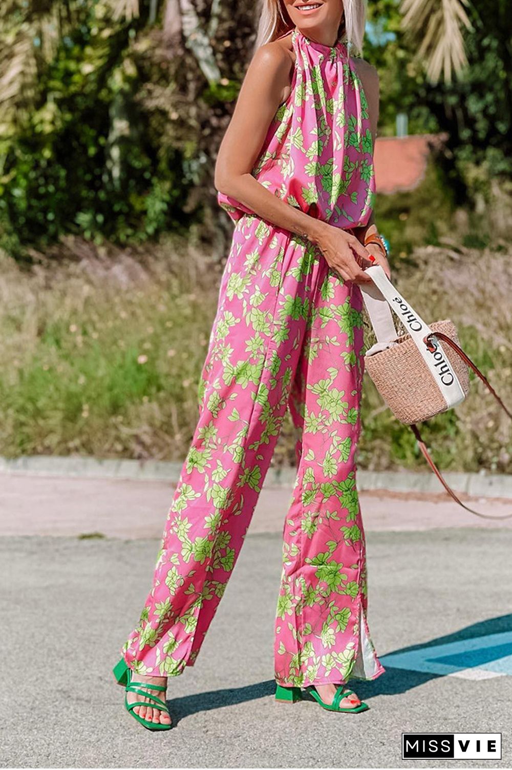 Pink Floral Print Halter Neck One Piece Jumpsuit