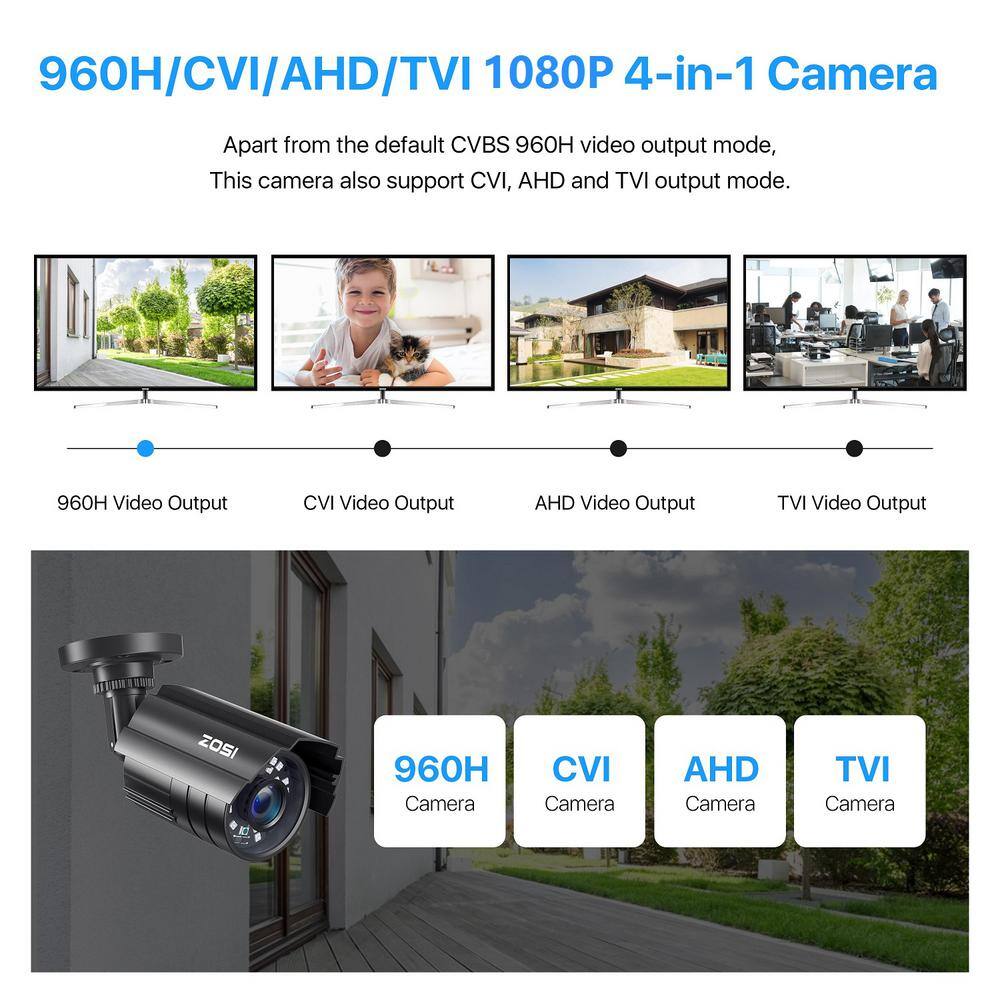 ZOSI 4-In-1 Wired 1080P FHD Outdoor Home Security Camera Compatible with TVIAHDCVI Analog DVR 80 ft. Night Vision 1AC-2112C-BS-US*2