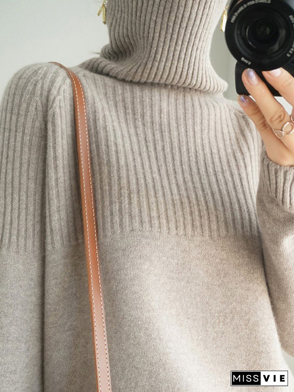 Casual Long Sleeves Loose Solid Color High-Neck Sweater Tops