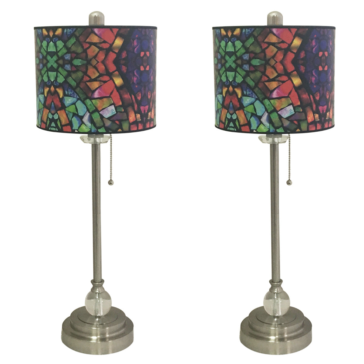 Royal Designs 28" Crystal and Brushed Nickel Buffet Lamp with Mosaic Stained Glass Design Hardback Lamp Shade, Set of 2