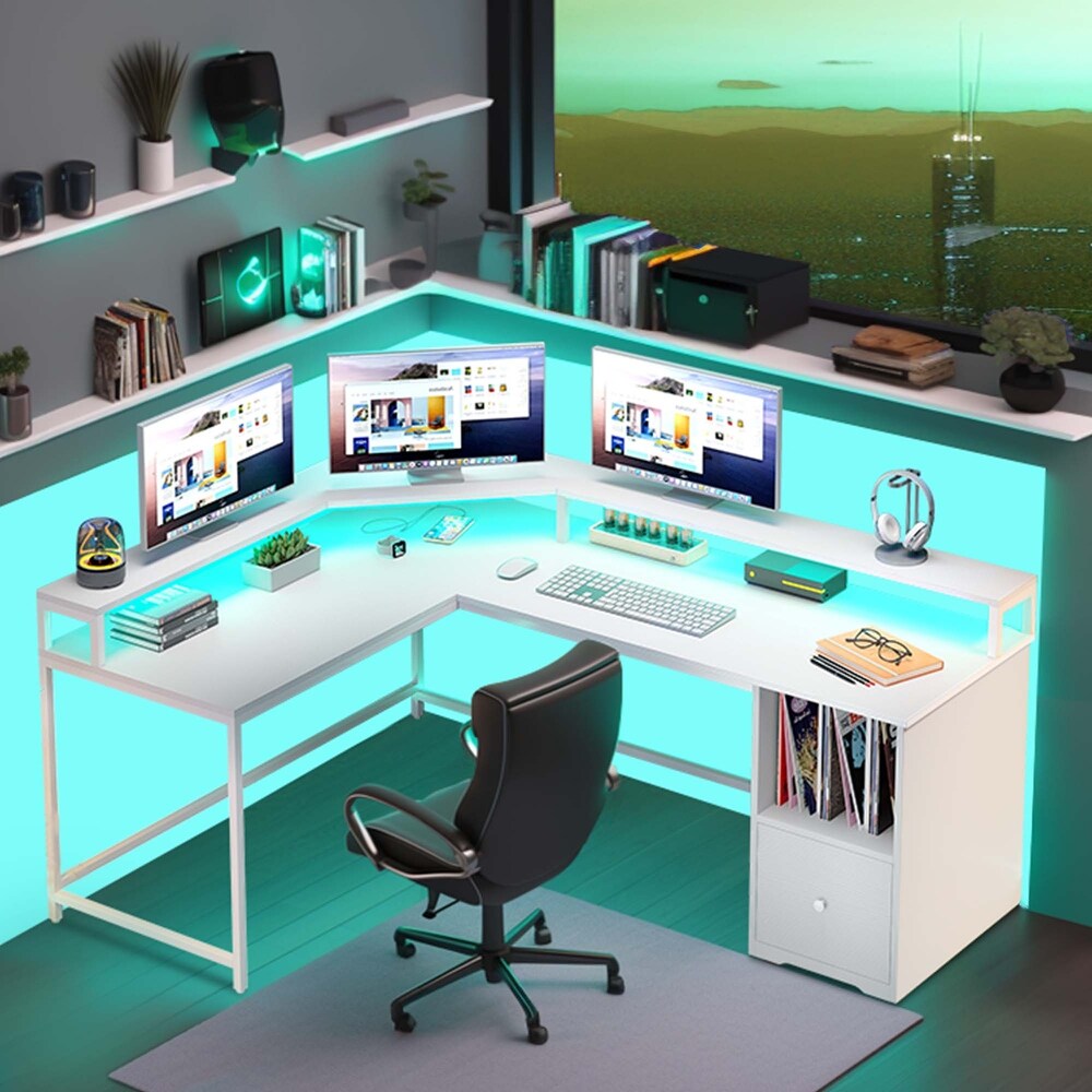 66 inch L Shaped Desk with Shelves and Monitor Stand Home Office Desk