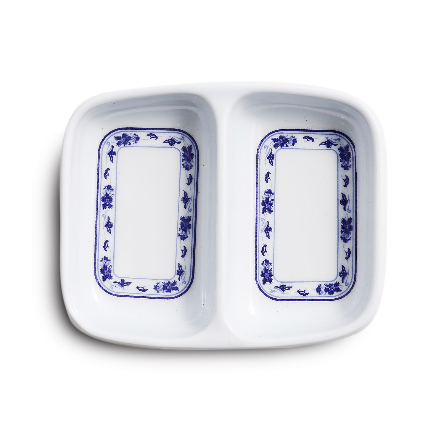 Peony， Rectangular Double Sauce Dish， Melamine， White， Blue Rim，Pack of 8