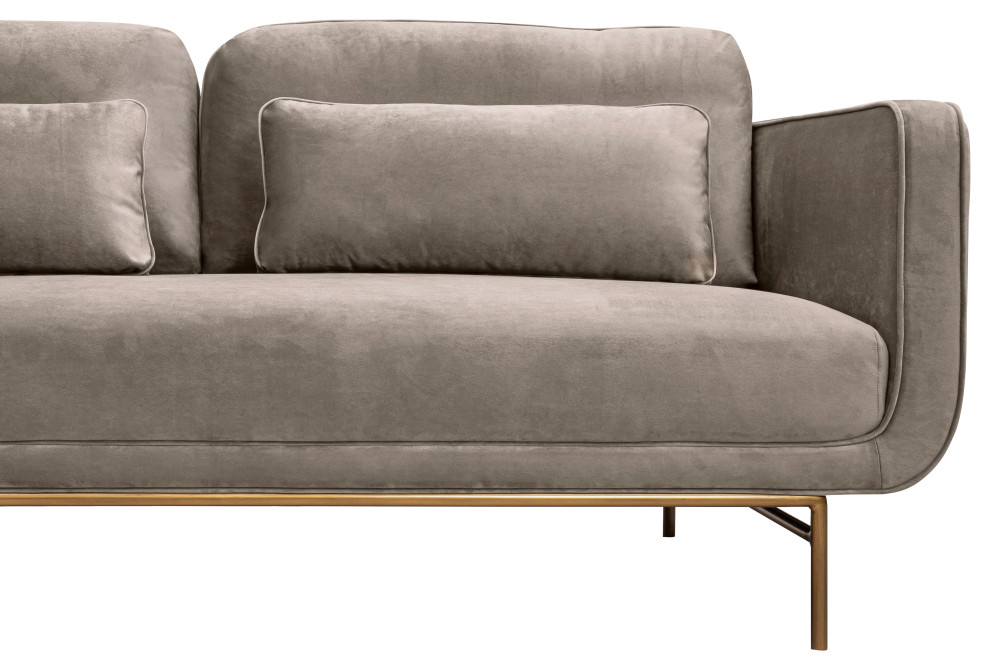 Lilou 77 quotFossil Gray Velvet Sofa with Antique Brass Metal Legs   Modern   Sofas   by Armen Living  Houzz