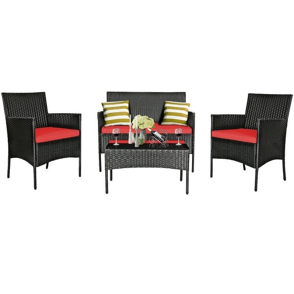 4 Pcs Patio Rattan Cushioned Sofa Furniture Set with Tempered Glass Coffee Table - 24