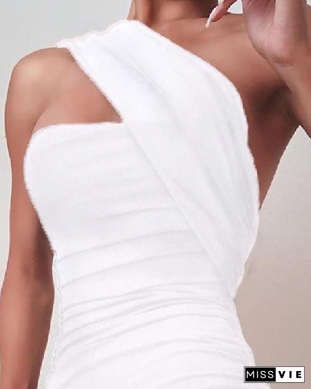 One Shoulder Sleeveless Ruched Bodycon Dress P13767