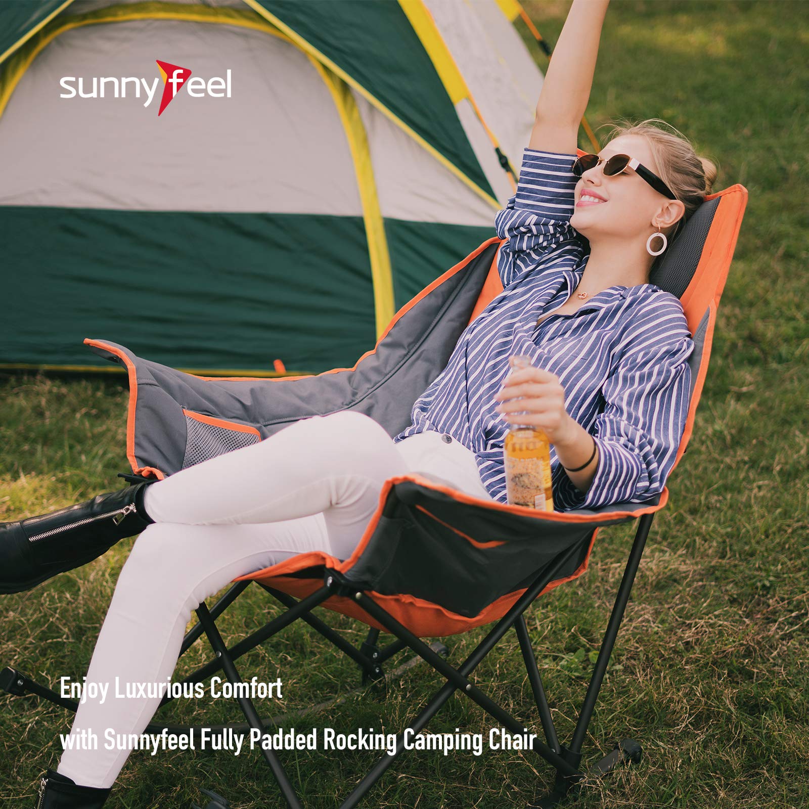 Sunnyfeel Camping Rocking Chair, Oversized Folding Heated Camping Chairs Hot Seat with Luxury Padded Recliner,Carry Bag, 300 LBS Heavy Duty for Lawn/Outdoor/Picnic/Patio, Portable Rocker Camp Chair