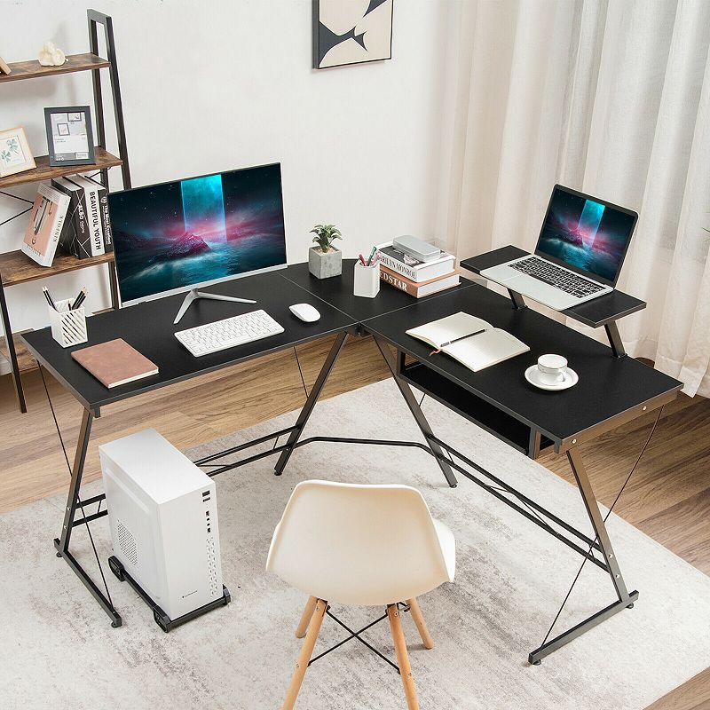 L Shaped Computer Desk Home Office Workstation with Movable Monitor Stand-Black