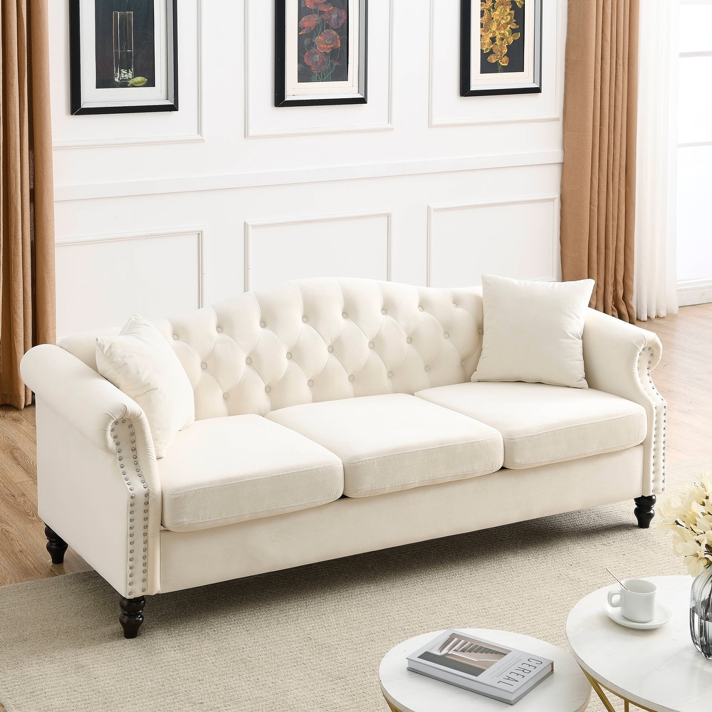 Beige Velvet Nailhead Trim Sofa Set  3 Seater + Loveseat