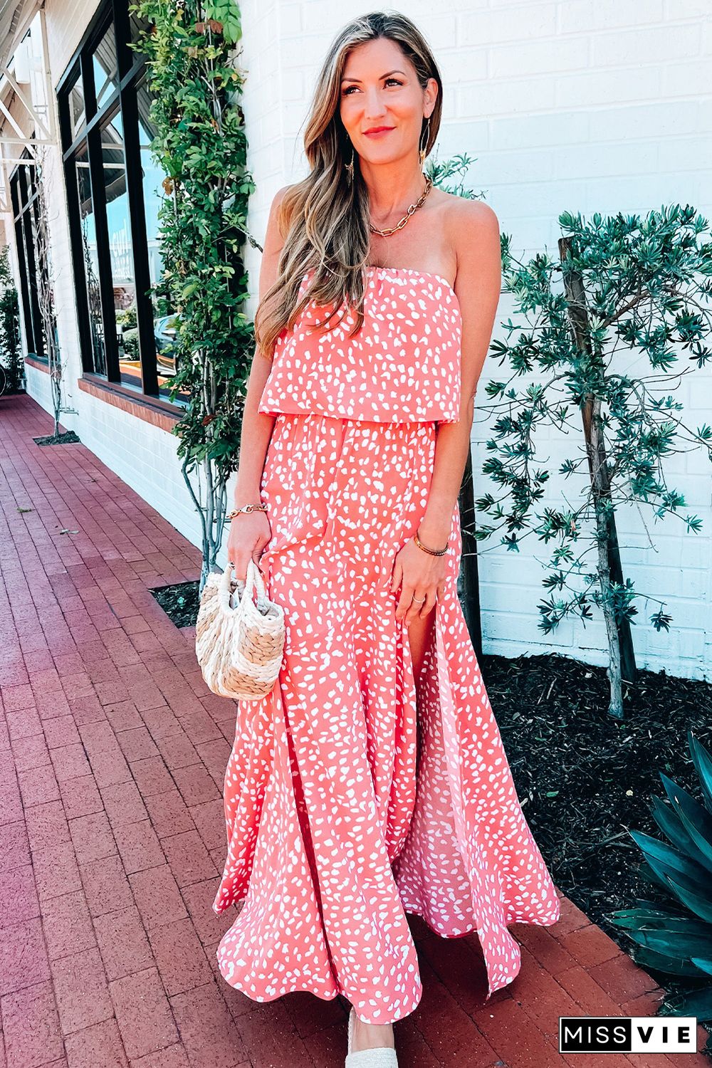 Leopard Print Strapless Maxi Dress with Split