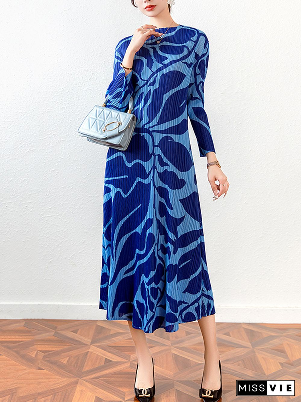 Fashion Floral Printed Pleated Long Sleeves Midi Dress