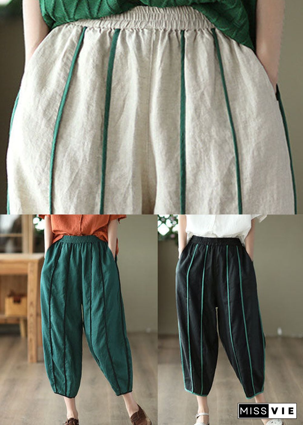 Print2 Patchwork Linen Harem Pants Pockets Striped Summer