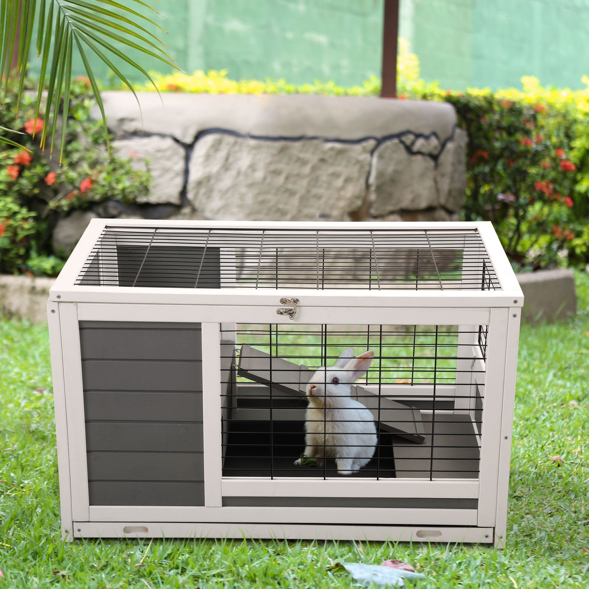 2-Tier Pet House，Indoor Rabbit Hutch with Enclosed Run，for Rabbits and Guinea Pigs，Grey