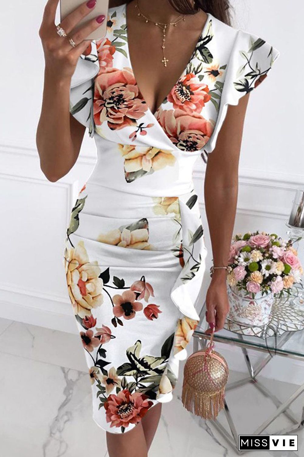 Fashion Street Print V Neck Pencil Skirt Dresses(10 Colors)