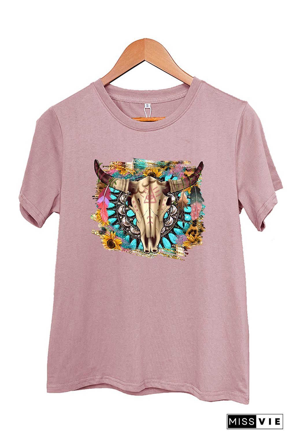 Western Boho Skull Pngturquoise And Leopard Short Sleeve Graphic Tee Wholesale