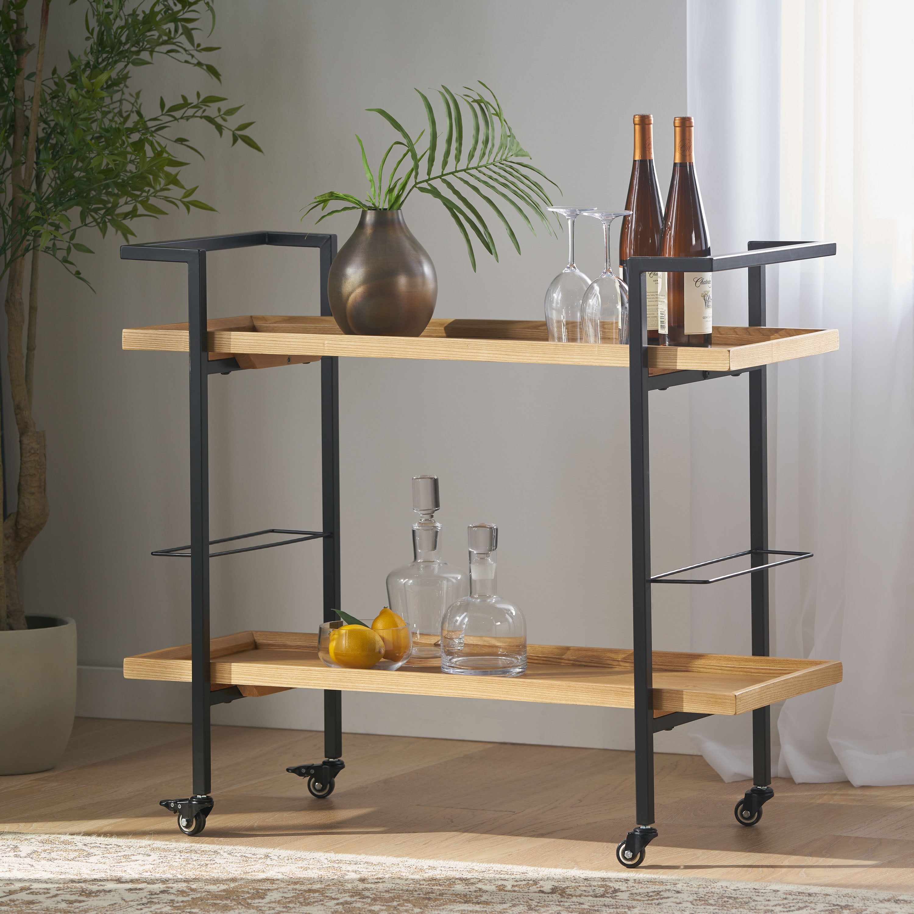 Gerard Modern Industrial Two Shelf Wood Finished Bar Cart with Rolling Casters