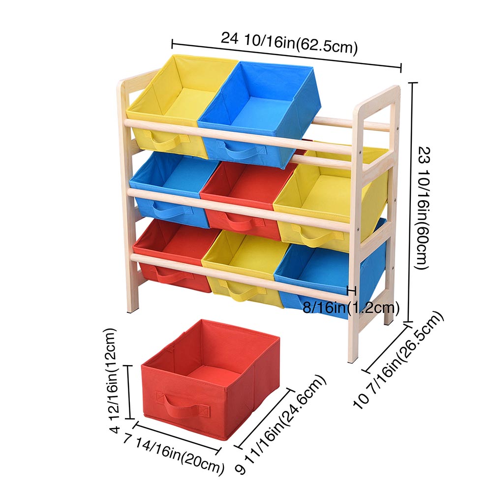 Yescom 3 Tires Kids Toys Color Organizer Wood Shelf 9-Bin Storage