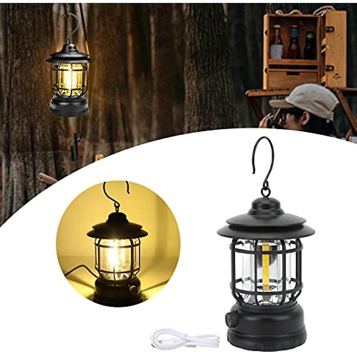 Vintage Lantern Metal Hanging Hurricane Lantern Camping Lantern Battery Powered Warm Light Cob 360 Degree Retro Lamp For Power Outage Hurricane Outd