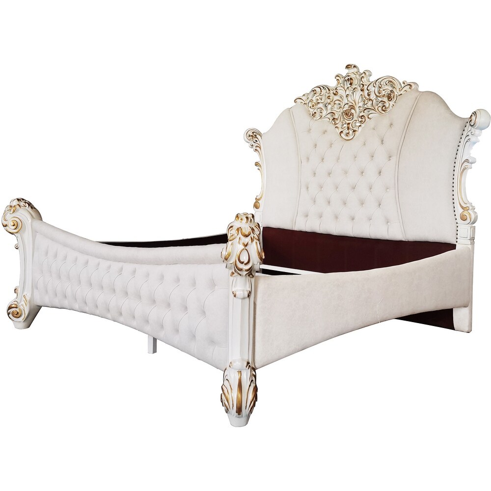 Faux Leather Bed in Two Tone Ivory and Antique Pearl