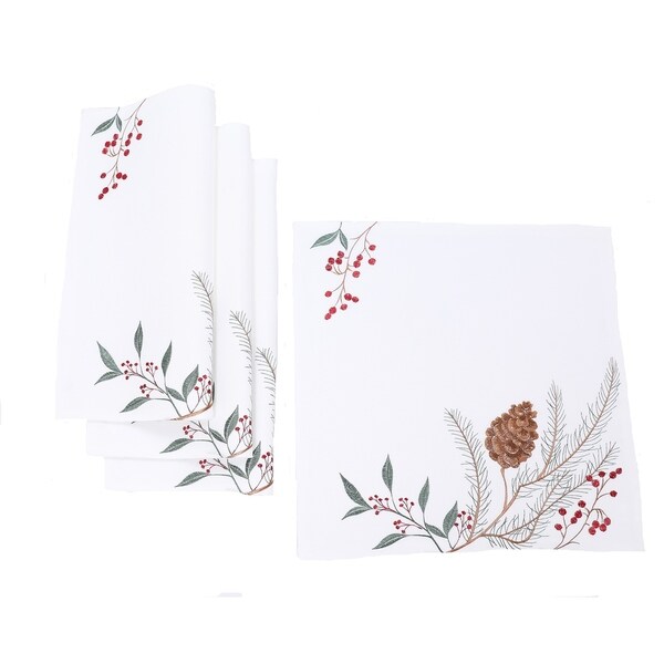 Pinecone And Berry Embroidered Christmas Placemats 14x20，Set of 4