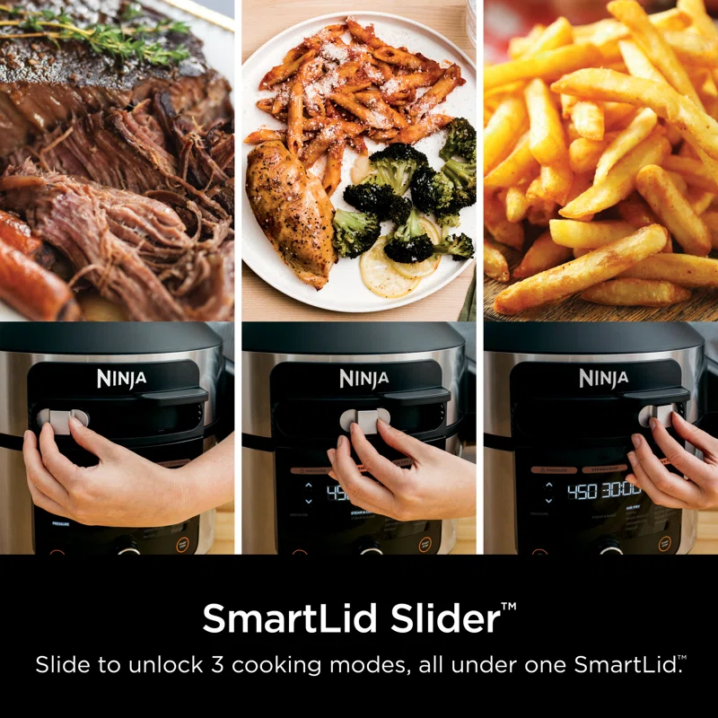 Ninja OL501 Foodi 6.5 Qt. 14-in-1 Pressure Cooker Steam Fryer with SmartLid， that Air Fries， Proofs and More， with 2-Layer Capacity， 4.6 Qt. Crisp Plate and 25 Recipes， Silver/Black