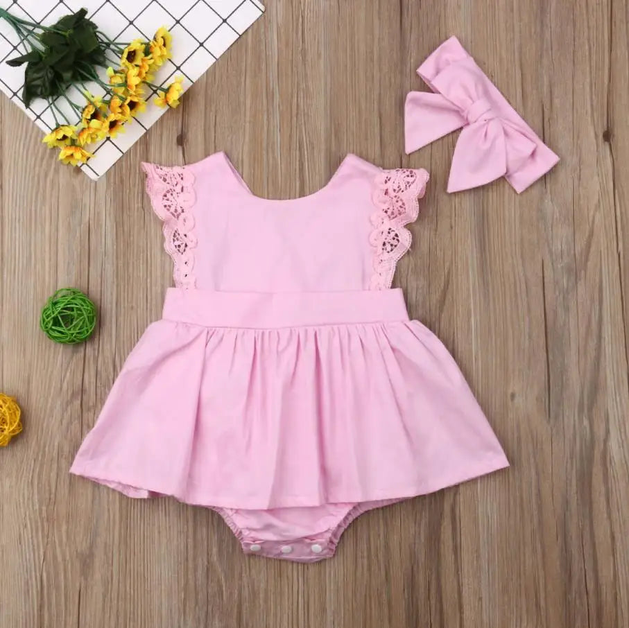 New Arrival 2pcs Red Flower Baby Clothing Newborn Baby Girls Lace Backless Romper Dress Jumpsuit Outfits Clothes 0-24M