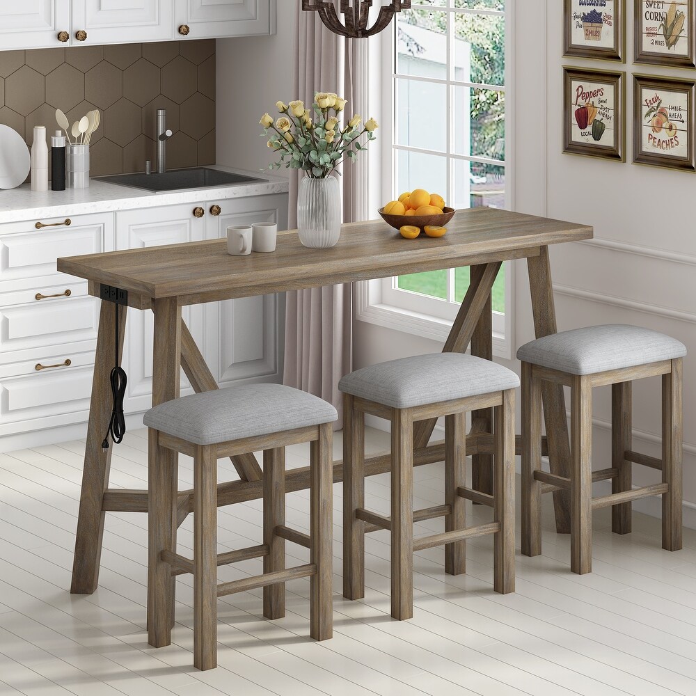 4 Piece Dining Sets Bar Table Set with 3 Stools   USB  Natural Wood