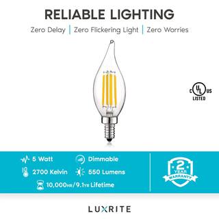 LUXRITE 60-Watt Equivalent CA11 Dimmable Vintage Edison LED Light Bulb Flame Tip Clear Glass 2700K Warm White (16-Pack) LR21593-16PK