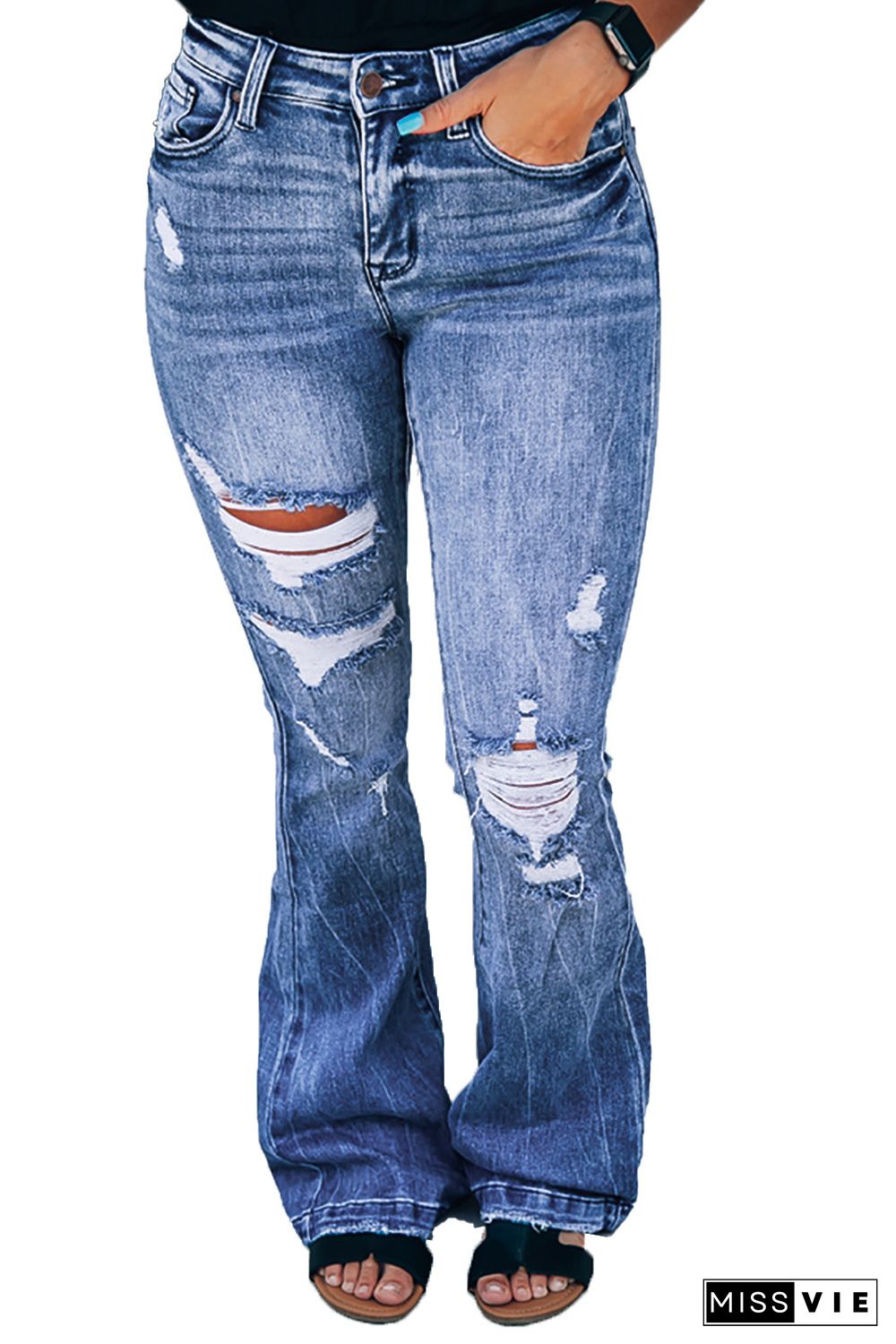 High Waist Distressed Flare Jeans