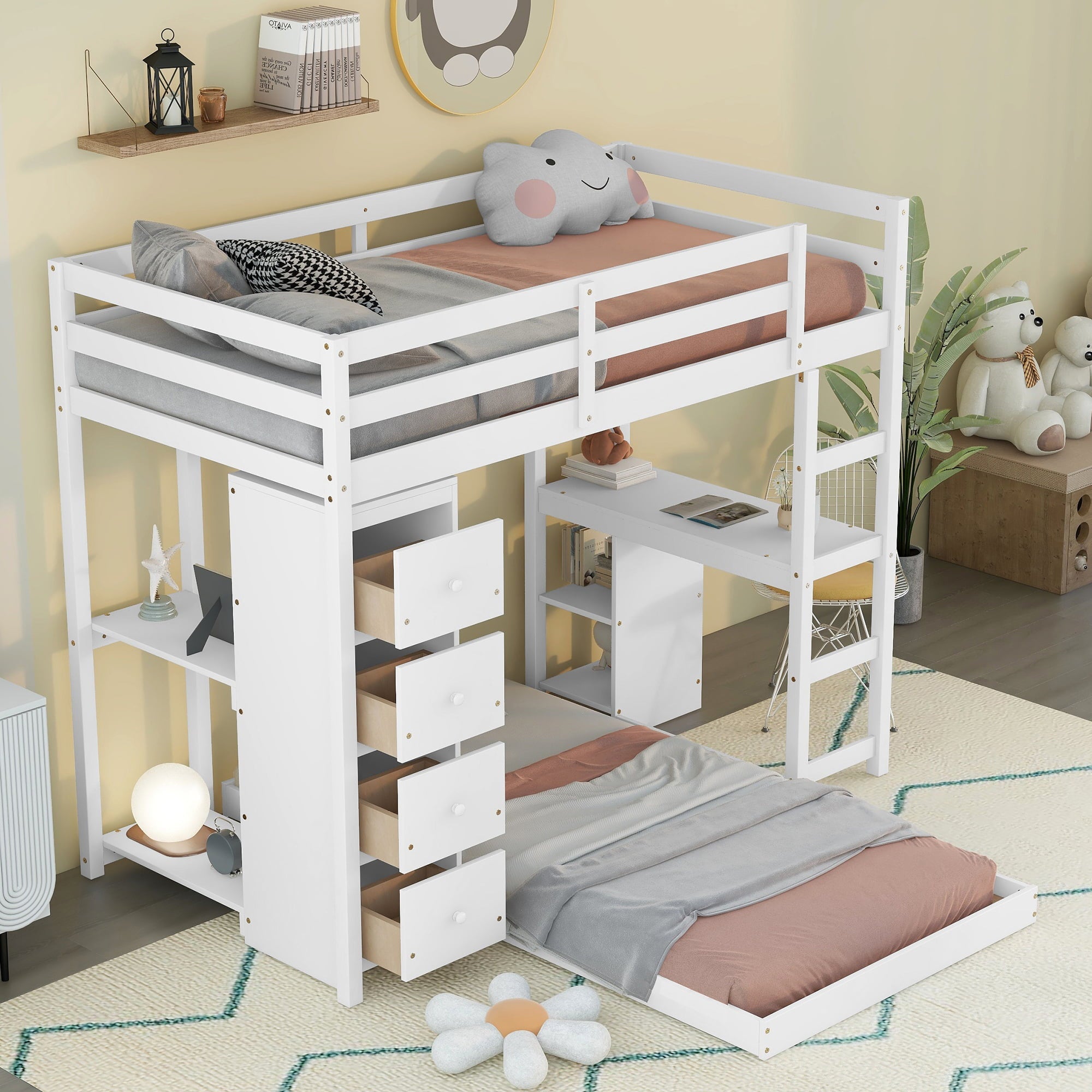 Euroco Twin over Twin Loft Bed with Drawers for Kids, White