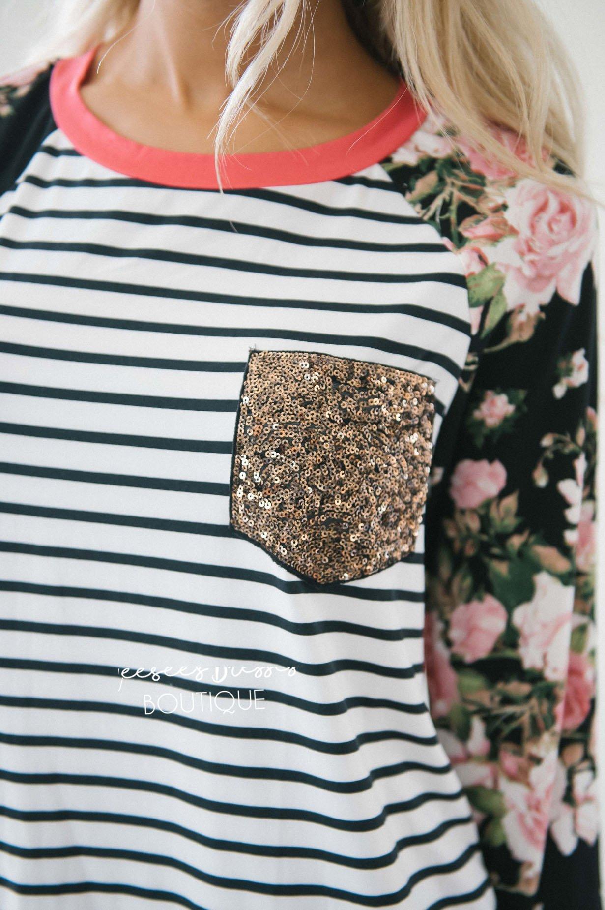 Sequin Pocket Striped Floral Sleeve Top