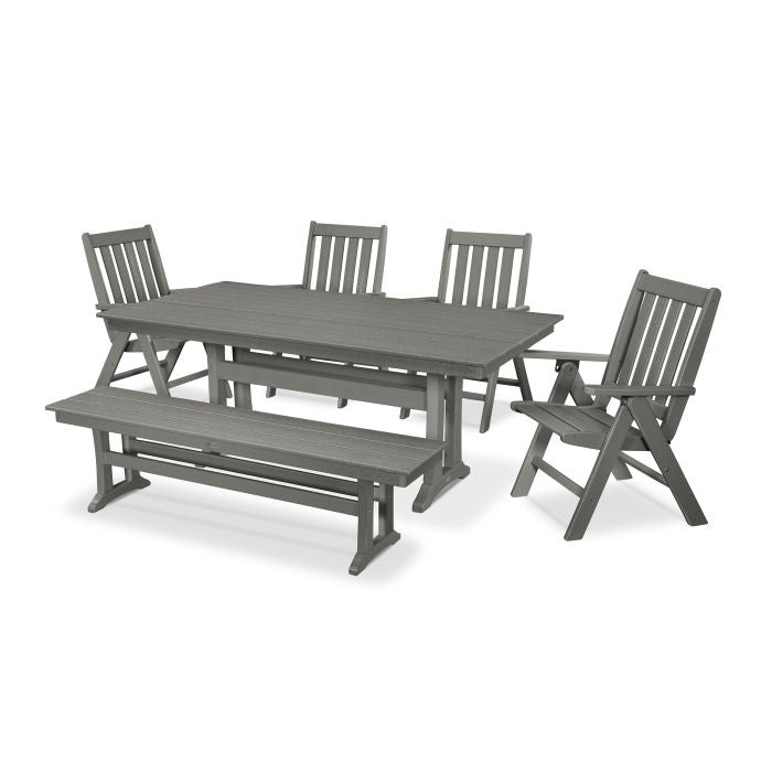 Polywood Vineyard 6-Piece Folding Chair Farmhouse Dining Set with Trestle Legs and Bench PWS422-1