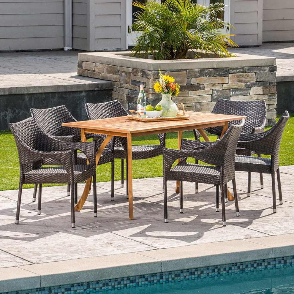 7 Pieces Patio Dining Set  Acacia Wood Table With Cushioned Faux Wicker Chairs   Tropical   Outdoor Dining Sets   by Decor Love  Houzz