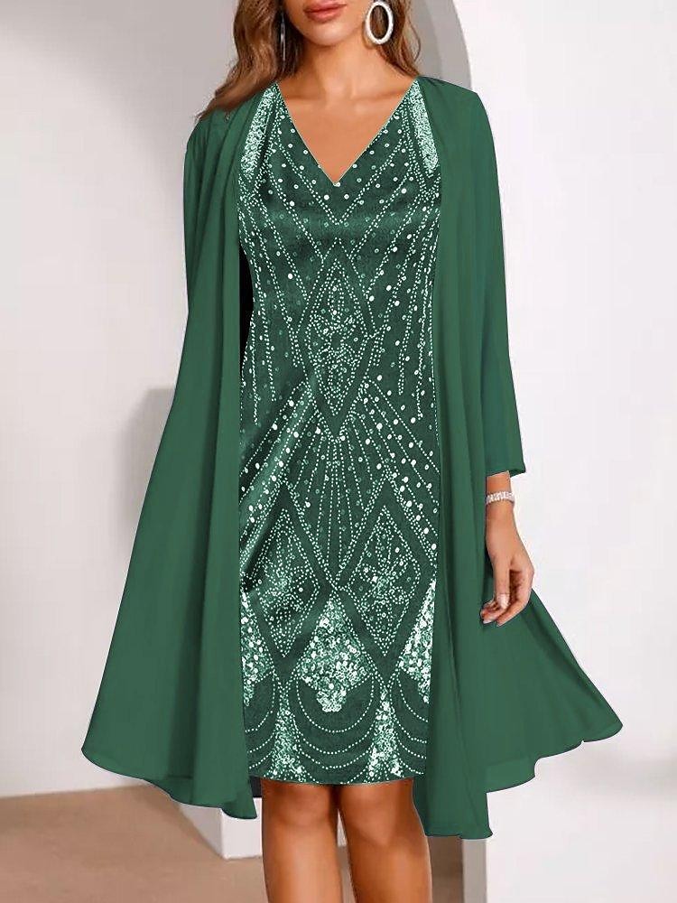 Two-piece 3D digital printing chiffon long-sleeved v-neck casual suit