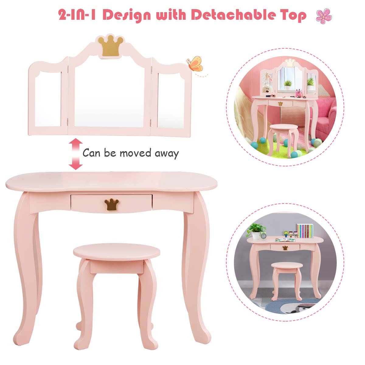 Costzon Kids Vanity Table and Chair Set,2 in 1 Vanity Set with Detachable Top, Pretend Beauty Play Vanity Set for Girls