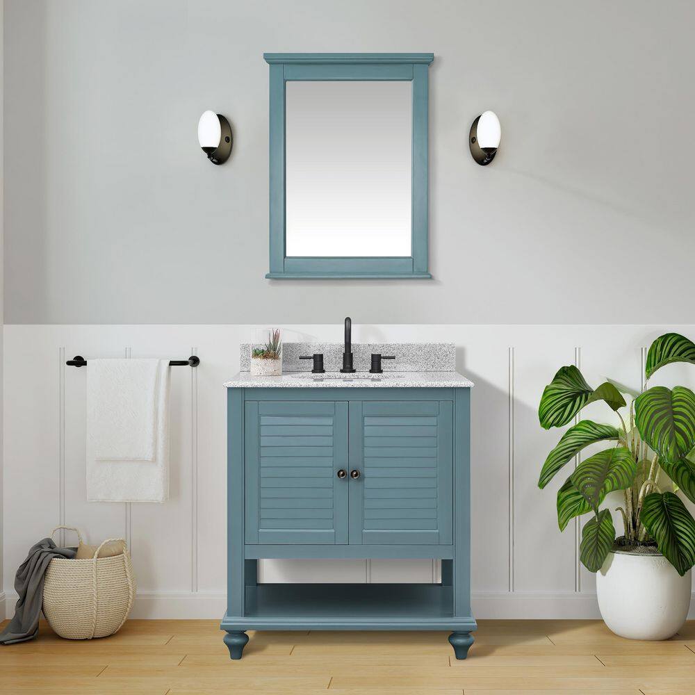 Home Decorators Collection Hamilton 31 in. W x 22 in. D x 35 in. H Open Shutter Bathroom Vanity in Sea Glass with Grey Granite Top 19084-VS31-SG