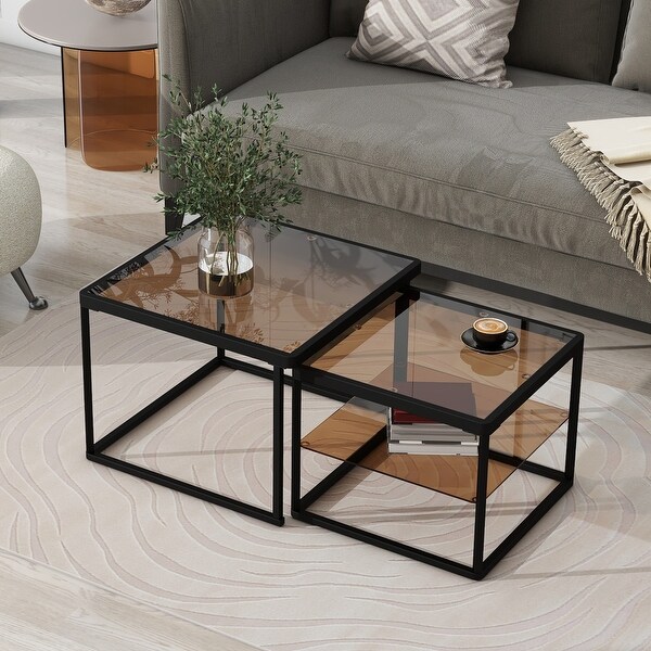 Adjustable 2Tier Nested Coffee Table with Highlow Glass with Metal